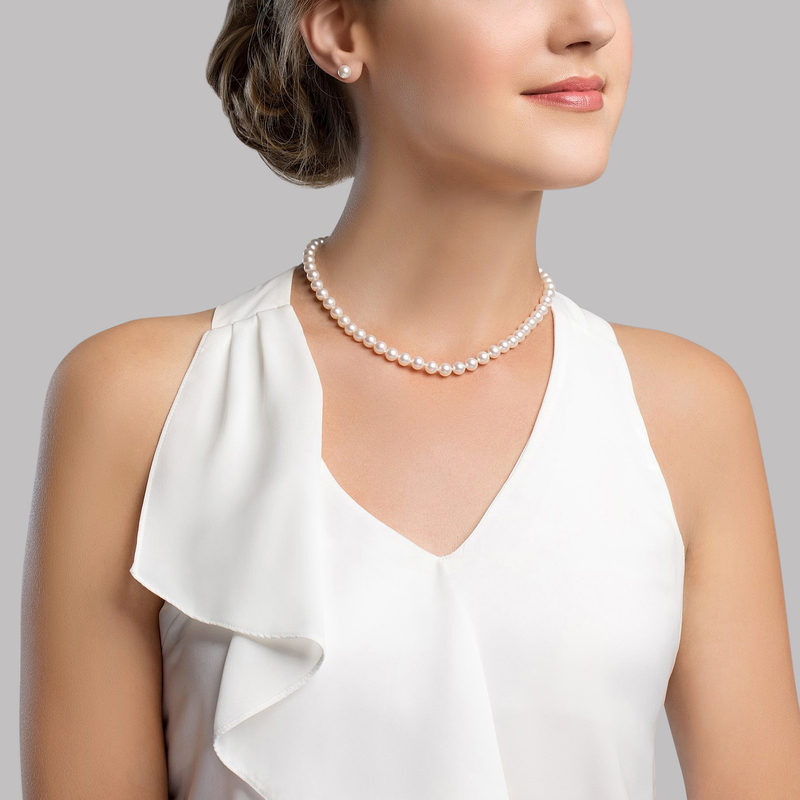 6.5-7.0mm Japanese Akoya White Choker Length Pearl Necklace- AA+ Quality - Model Image