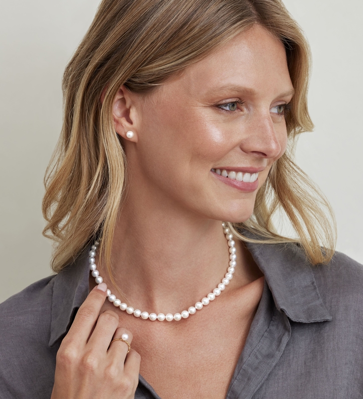 7.0-7.5mm Japanese White Akoya Pearl Necklace & Earrings - Model Image