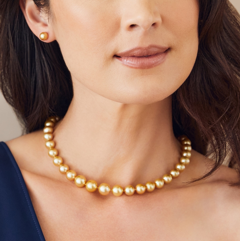 8-10mm Golden South Sea Pearl Necklace - AAAA Quality - Model Image