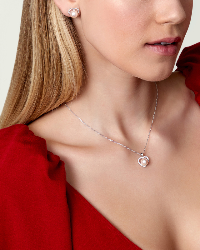 Akoya Pearl & Diamond Heart Amour Pendant - Model Image