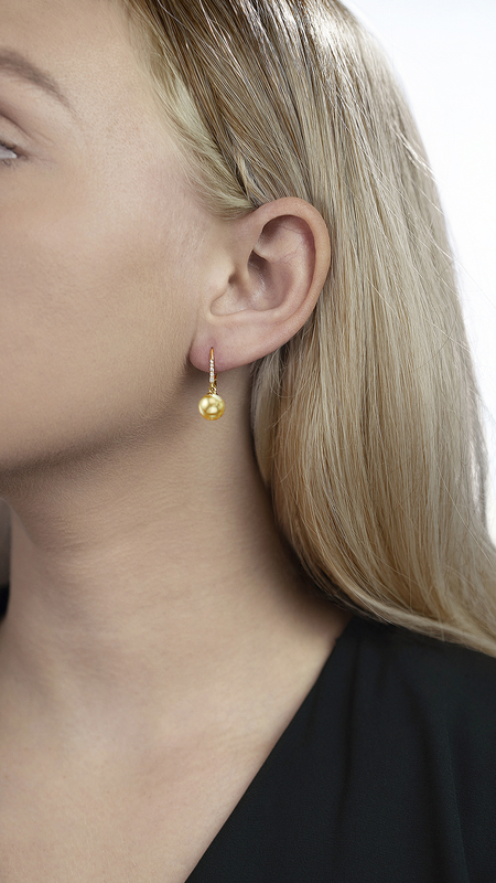 Model is wearing Susan earrings with 9mm AAAA quality pearls