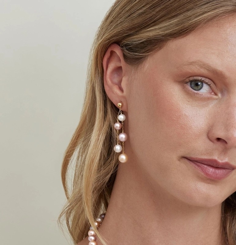 14K Gold Double Freshwater Multicolor Pearl Dangling Cluster Earrings