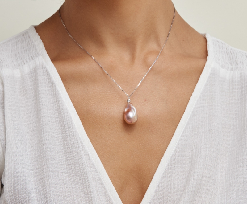 13mm Pink Freshwater Baroque Pearl Solitaire Designer Pendant - Model Image