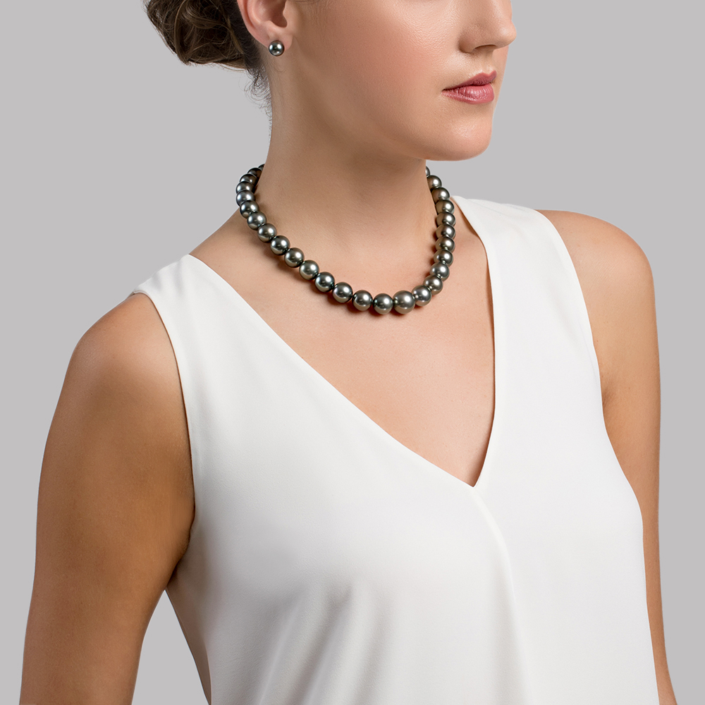 12-14mm Dark Round Tahitian South Sea Pearl Necklace - AAA Quality