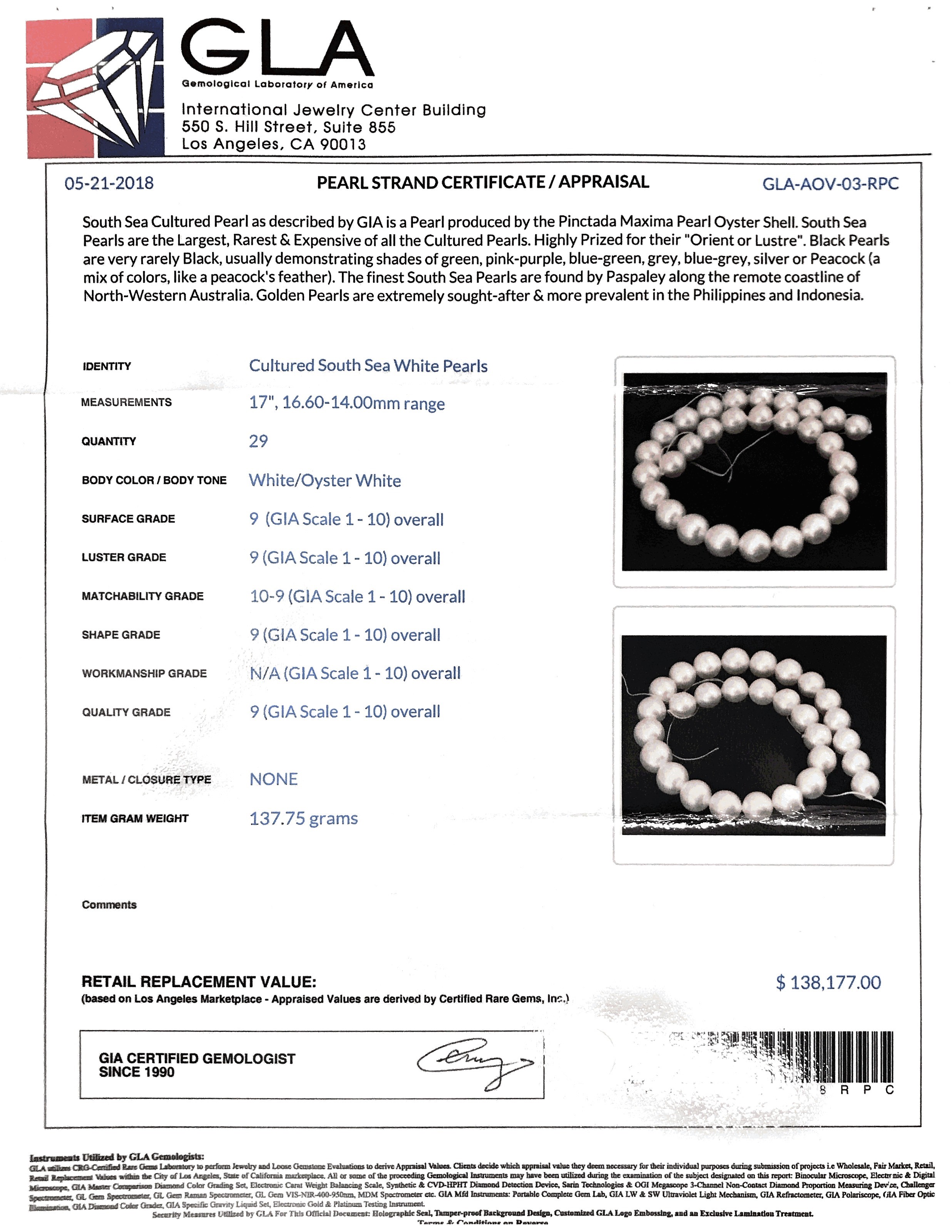 14-16.5mm White South Sea Round Pearl Necklace - AAA Quality