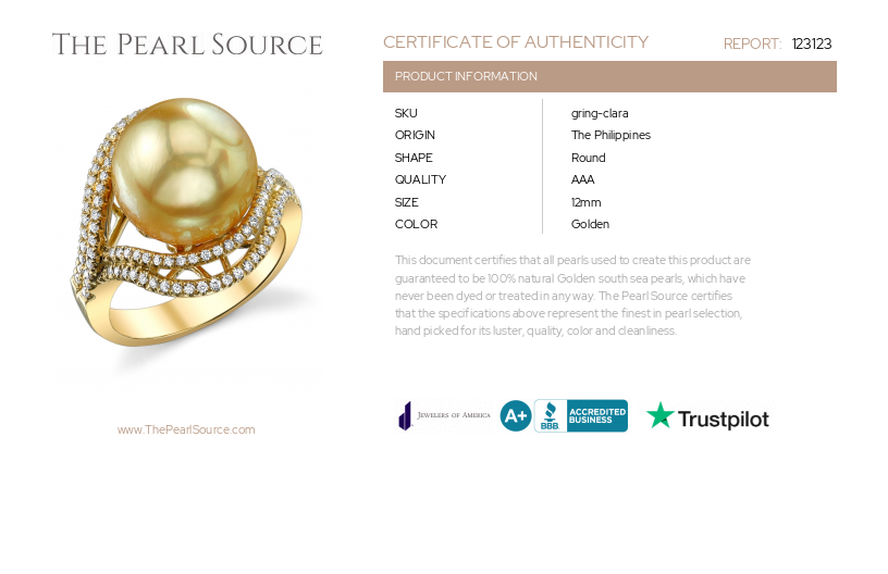 Golden Pearl & Diamond Clara Ring-Certificate