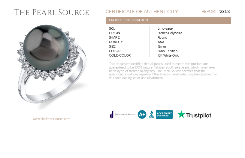 Tahitian South Sea Pearl & Diamond Sage Ring-Certificate