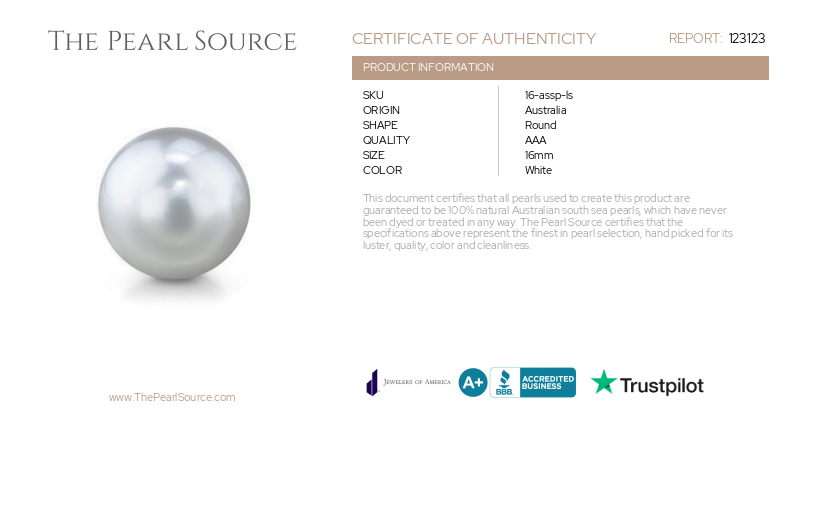 16mm White South Sea Loose Pearl-Certificate
