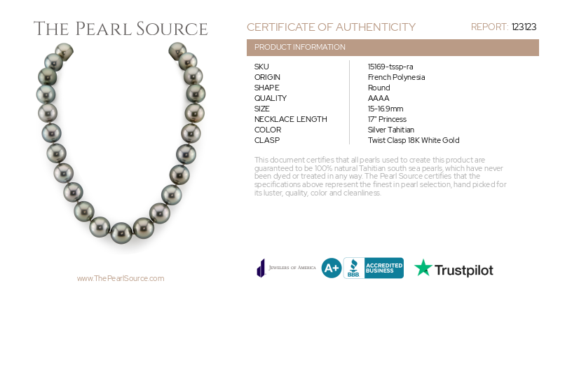 15-16.9mm Tahitian South Sea Pearl Necklace - AAAA Quality-Certificate