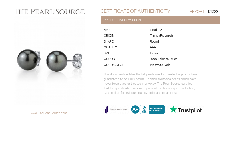 13mm Tahitian South Sea Round Pearl Stud Earrings-Certificate